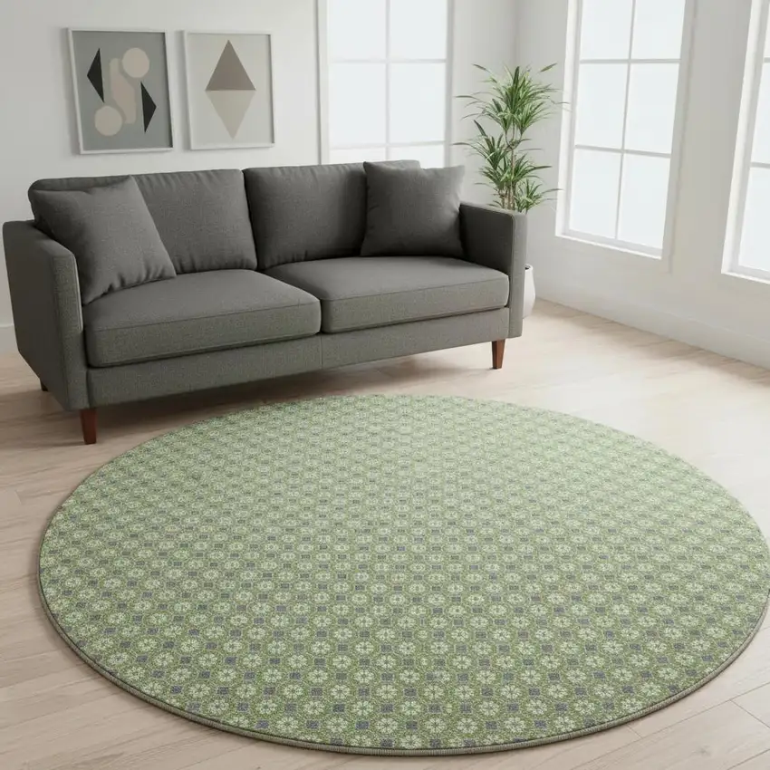 8' X 8' Green Gray And Ivory Geometric Washable Round Rug With UV Protection Photo 2