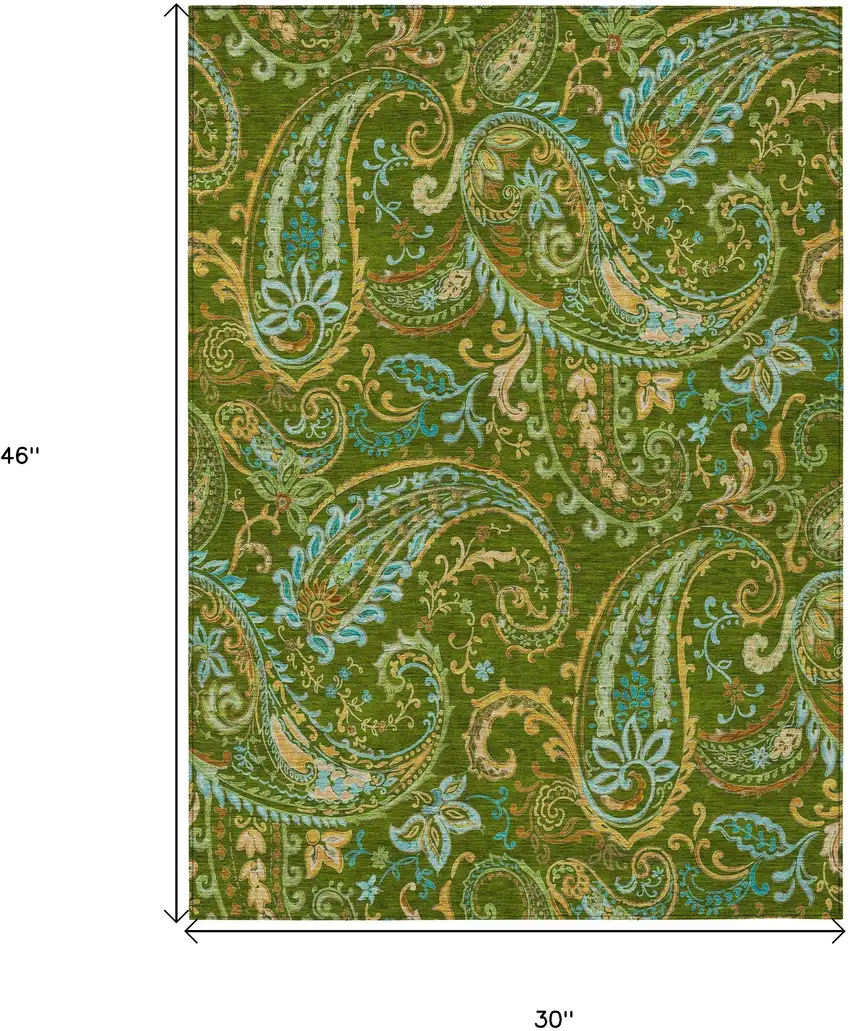 3' X 4' Green Paisley Washable Non Skid Indoor Outdoor Area Rug Photo 3