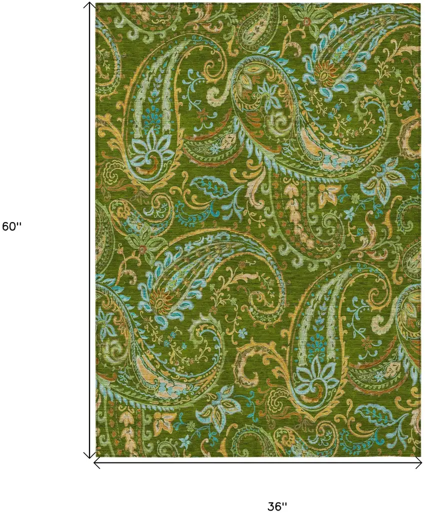 3' X 5' Green Paisley Washable Non Skid Indoor Outdoor Area Rug Photo 3