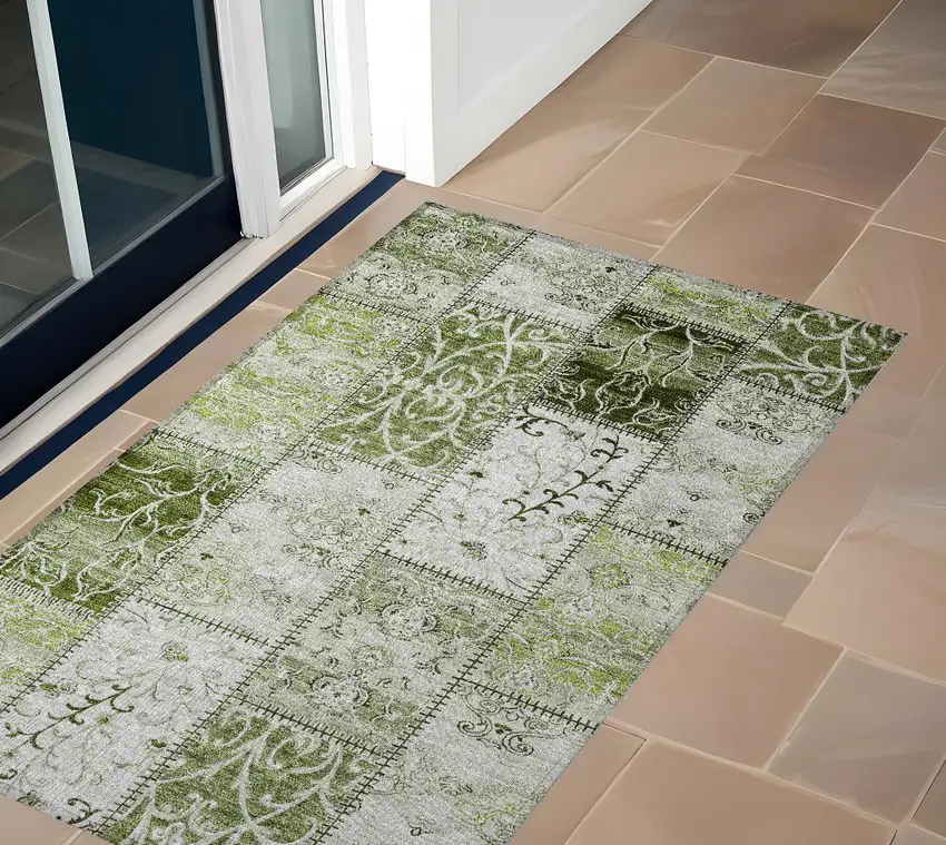 Green Patchwork Washable Non Skid Indoor Outdoor Area Rug Photo 1