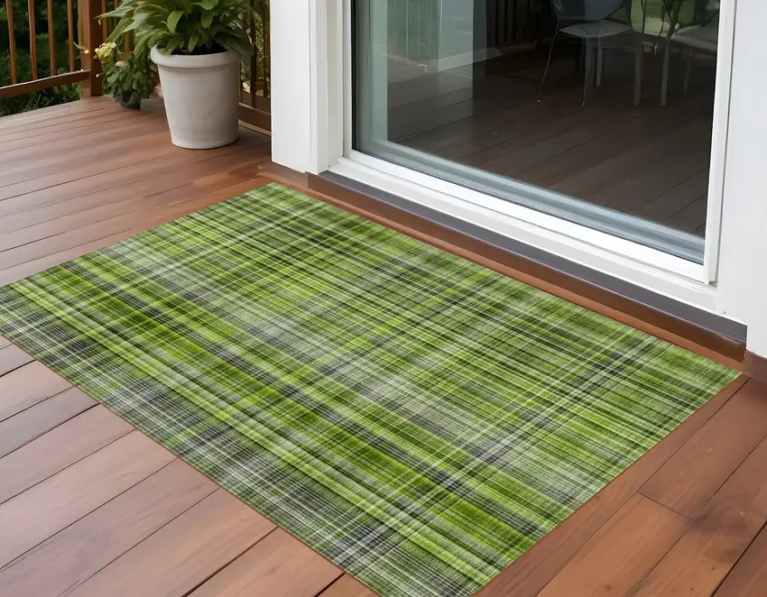 Green Black and Gray Plaid Washable Non Skid Indoor Outdoor Area Rug Photo 1