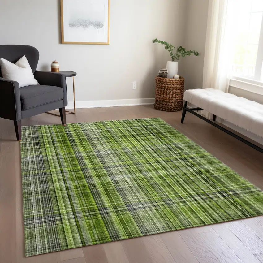 Green Plaid Washable Non Skid Indoor Outdoor Area Rug Photo 9