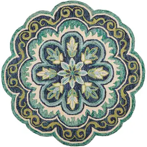 Photo of 5' X 5' Green Round Wool Floral Hand Tufted Area Rug