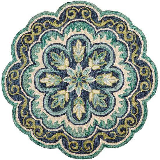 5' X 5' Green Round Wool Floral Hand Tufted Area Rug Photo 1