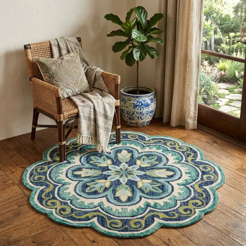 5' X 5' Green Round Wool Floral Hand Tufted Area Rug Photo 1