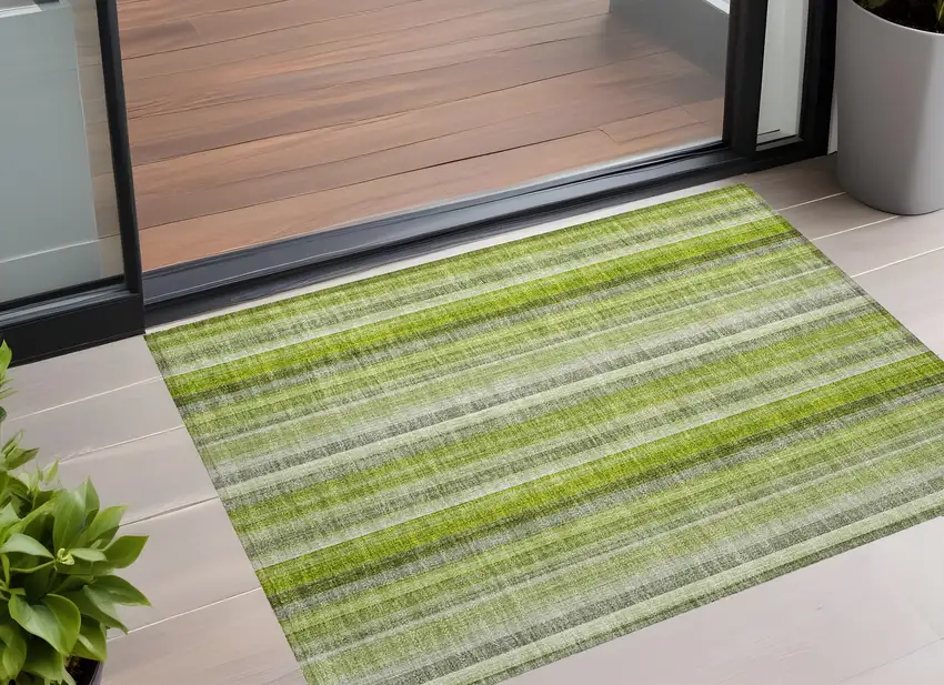 3' X 4' Green Striped Washable Non Skid Indoor Outdoor Area Rug Photo 1