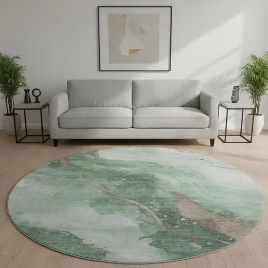 8' X 8' Green Taupe And Ivory Abstract Washable Round Rug With UV Protection Photo 2
