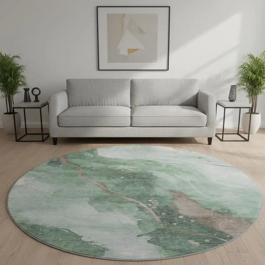 8' X 8' Green Taupe And Ivory Abstract Washable Round Rug With UV Protection Photo 2