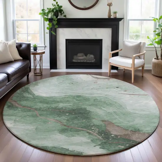 8' X 8' Green Taupe And Ivory Abstract Washable Round Rug With UV Protection Photo 4