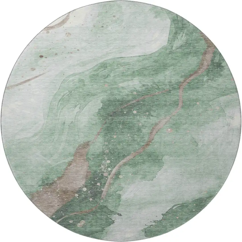 8' X 8' Green Taupe And Ivory Abstract Washable Round Rug With UV Protection Photo 4