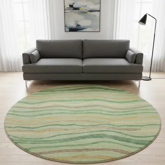 8' X 8' Green Wheat And Ivory Striped Washable Round Rug With UV Protection Photo 2