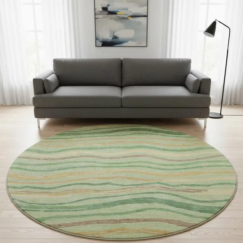 8' X 8' Green Wheat And Ivory Striped Washable Round Rug With UV Protection Photo 2