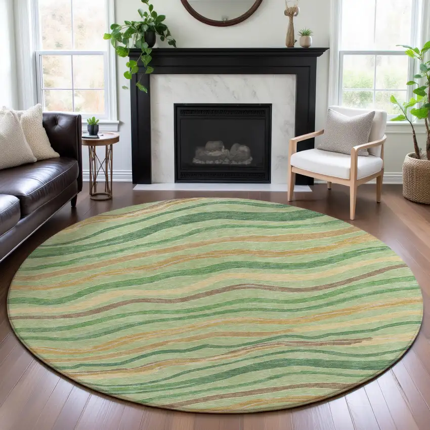 8' X 8' Green Wheat And Ivory Striped Washable Round Rug With UV Protection Photo 4