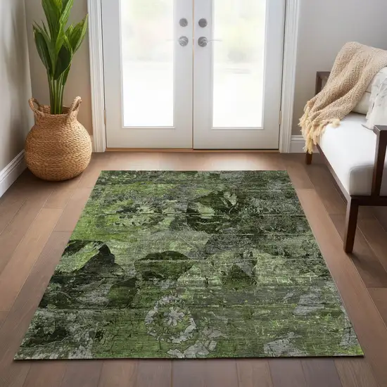 Green and Gray Abstract Washable Indoor Outdoor Area Rug Photo 9