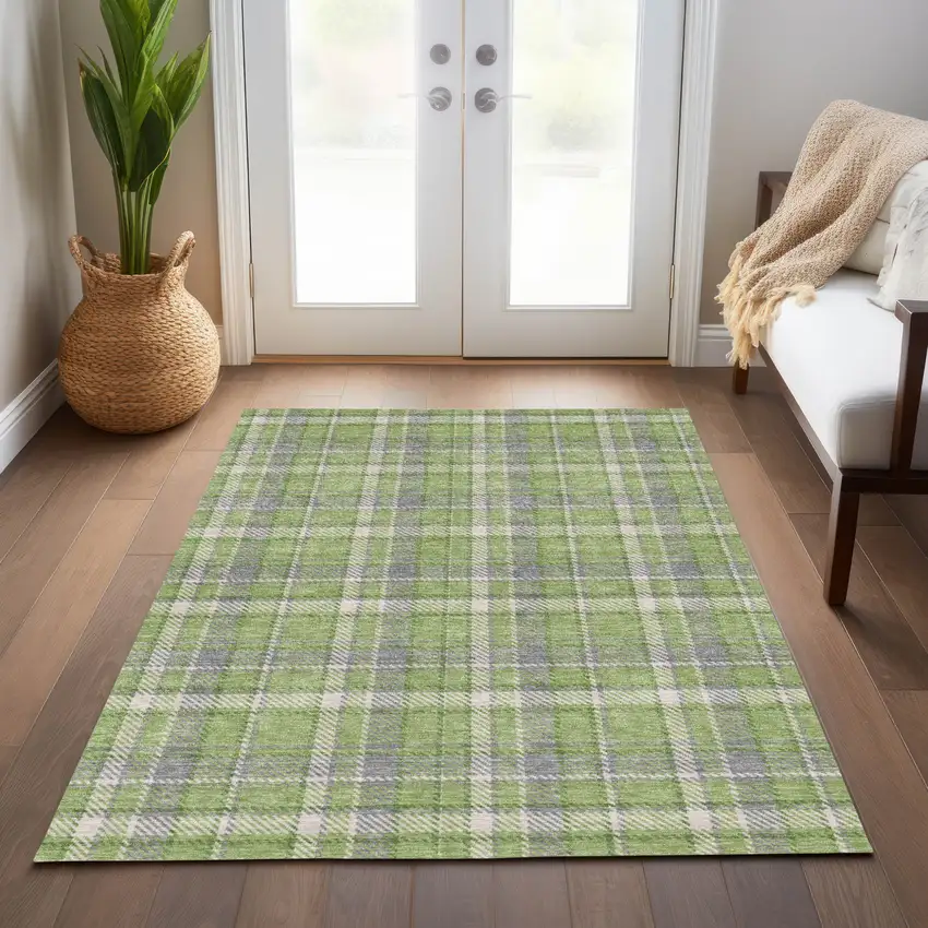 Green and Gray Plaid Washable Non Skid Indoor Outdoor Area Rug Photo 9