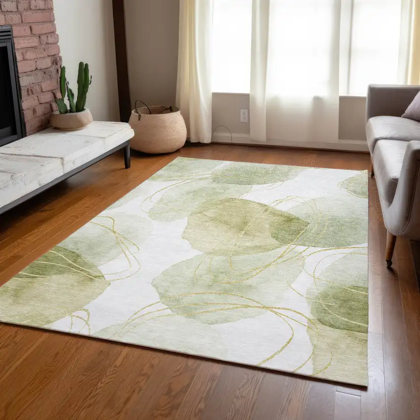 Green And Ivory Abstract Washable Indoor Outdoor Area Rug Photo 9