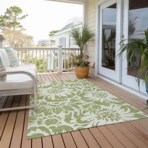 Photo of 3' X 4' Green and Ivory Floral Washable Non Skid Indoor Outdoor Area Rug