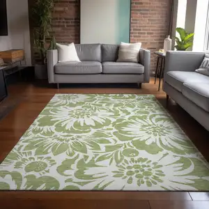 Photo of 3' X 5' Green and Ivory Floral Washable Non Skid Indoor Outdoor Area Rug