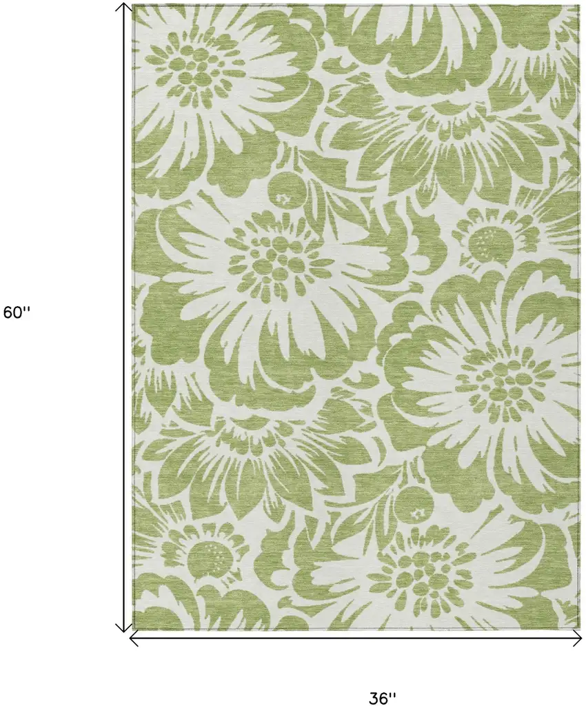 Green and Ivory Floral Washable Non Skid Indoor Outdoor Area Rug Photo 3