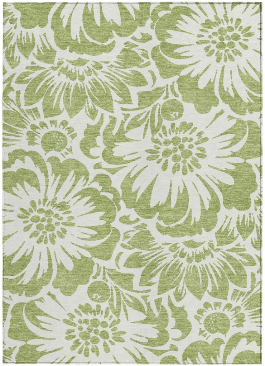 Green and Ivory Floral Washable Non Skid Indoor Outdoor Area Rug Photo 5