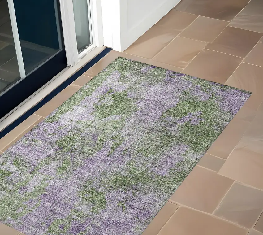 3' X 4' Green and Purple Abstract Washable Non Skid Indoor Outdoor Area Rug Photo 1