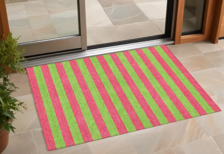 3' X 4' Green and Red Striped Washable Non Skid Indoor Outdoor Area Rug Photo 1