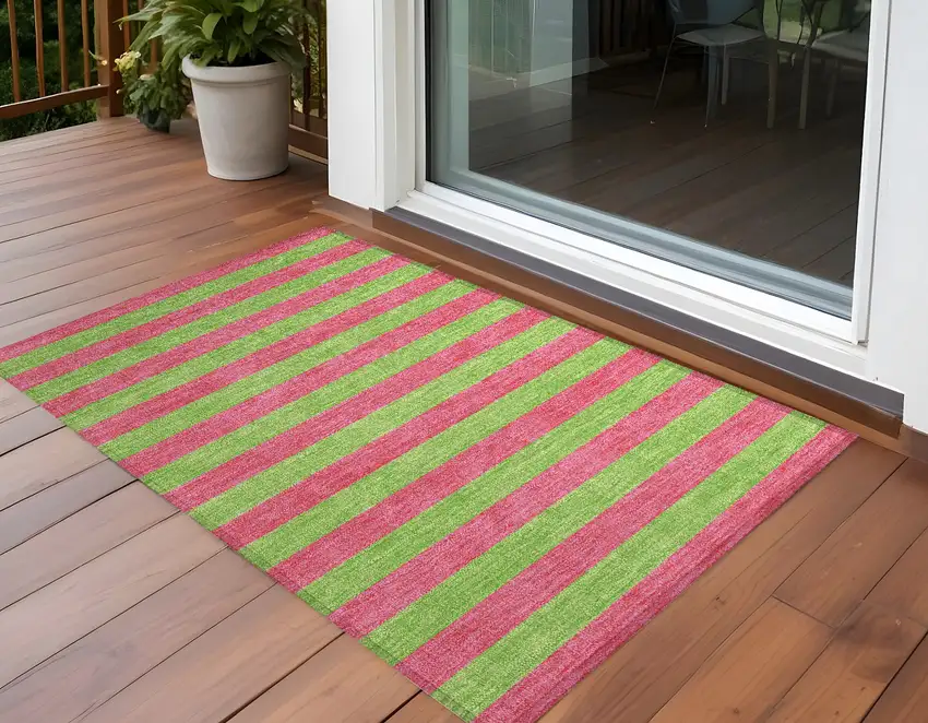 3' X 5' Green and Red Striped Washable Non Skid Indoor Outdoor Area Rug Photo 1