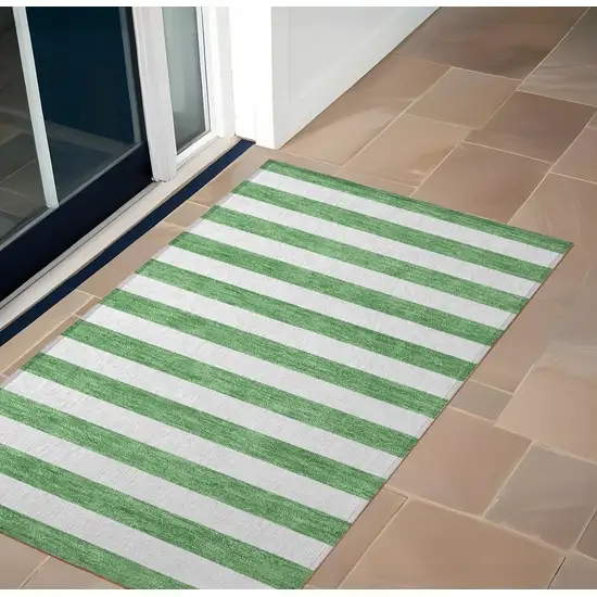Green and White Striped Washable Indoor Outdoor Area Rug Photo 1