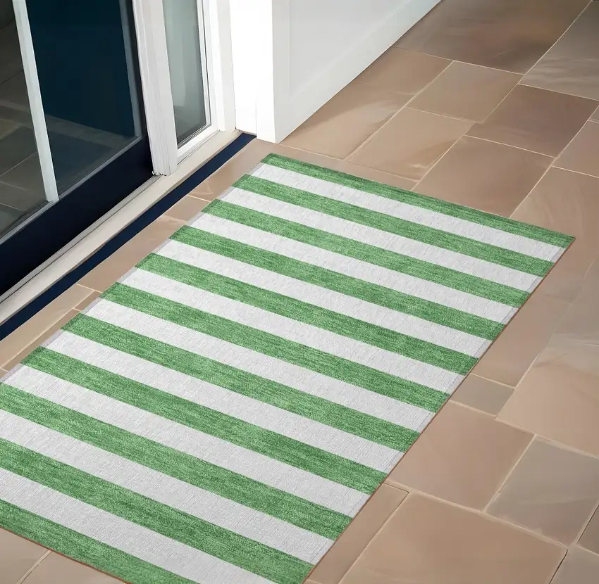 Green and White Striped Washable Indoor Outdoor Area Rug Photo 1