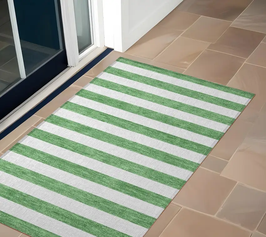 Green and White Striped Washable Indoor Outdoor Area Rug Photo 1