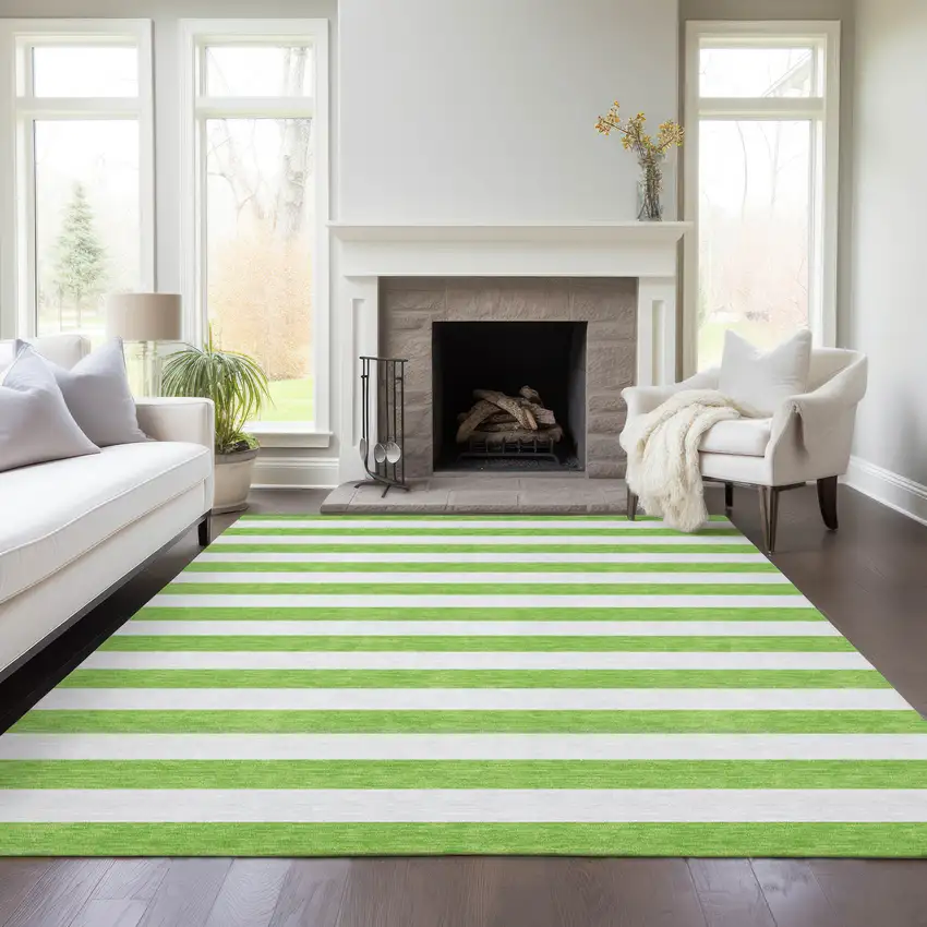 Lime Green and White Striped Washable Indoor Outdoor Area Rug Photo 9