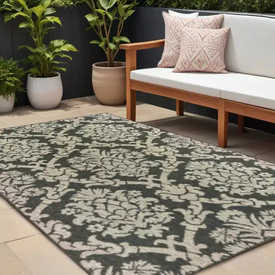 Gray Floral Stain Resistant Indoor Outdoor Area Rug Photo 1