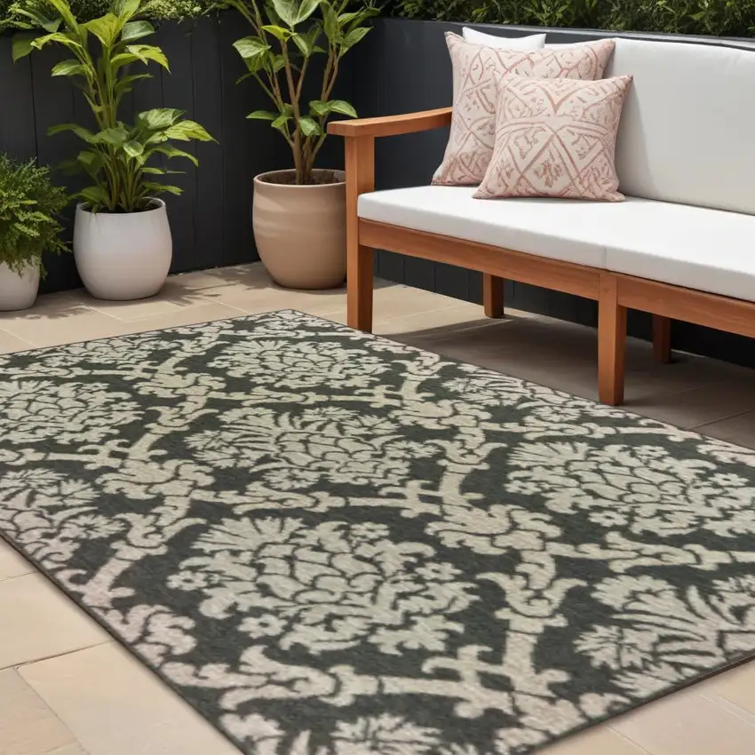 Gray Floral Stain Resistant Indoor Outdoor Area Rug Photo 1