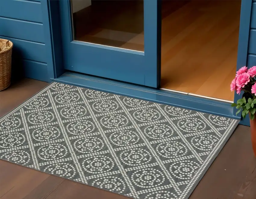 Gray and Ivory Geometric Stain Resistant Indoor Outdoor Area Rug Photo 1