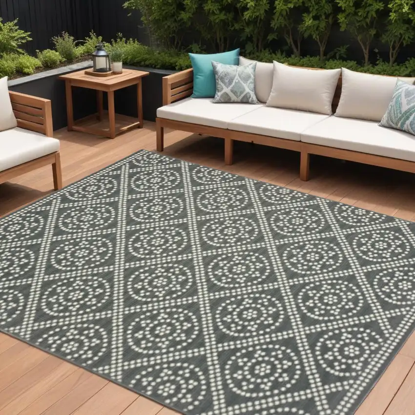 Gray and Ivory Geometric Stain Resistant Indoor Outdoor Area Rug Photo 1