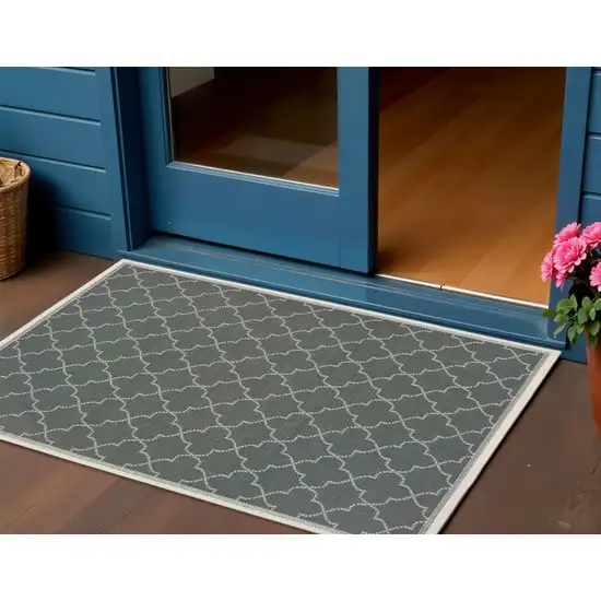 Gray and Ivory Geometric Stain Resistant Indoor Outdoor Area Rug Photo 1