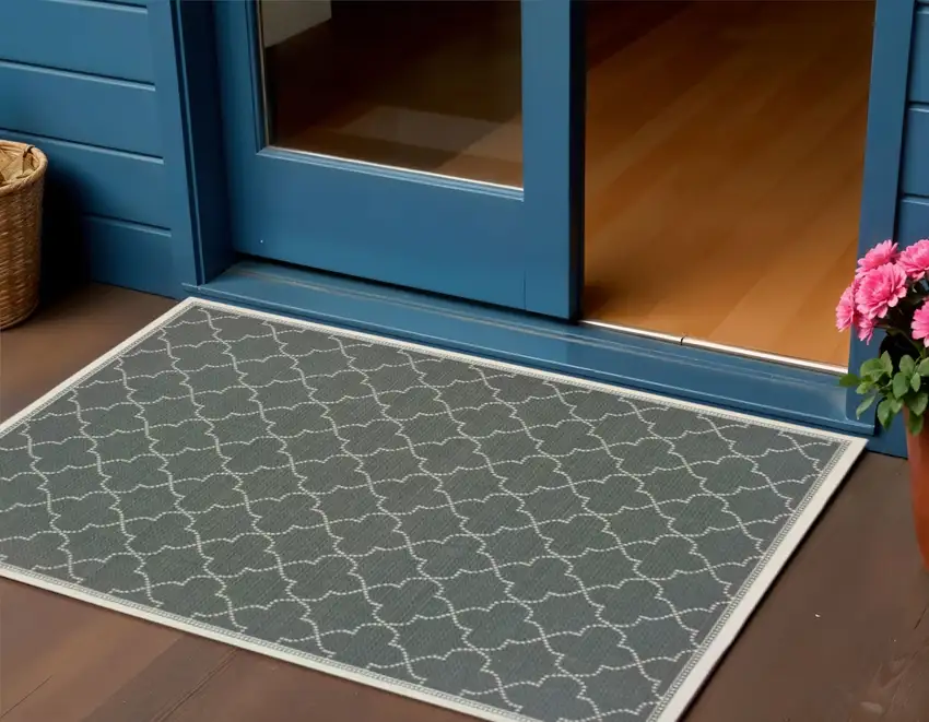 Gray and Ivory Geometric Stain Resistant Indoor Outdoor Area Rug Photo 1