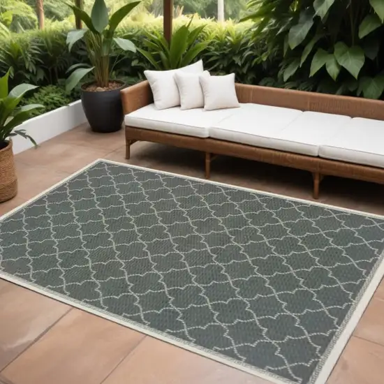 Gray and Ivory Geometric Stain Resistant Indoor Outdoor Area Rug Photo 1