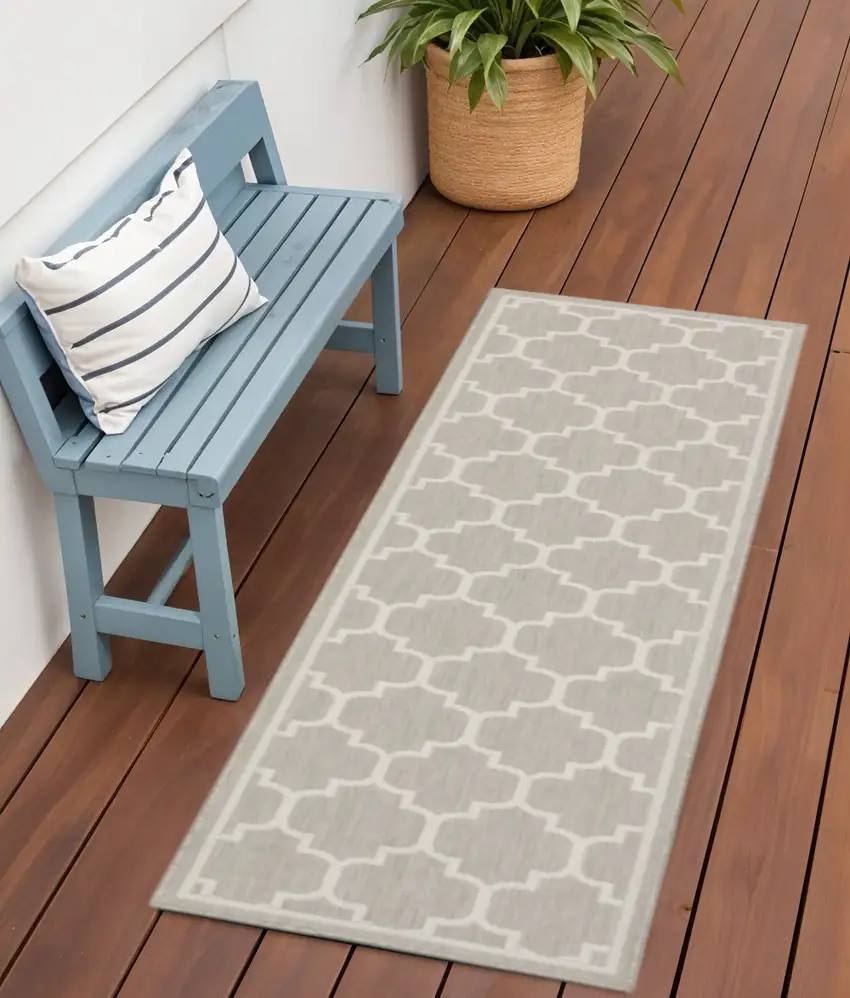 Gray and Ivory Geometric Stain Resistant Indoor Outdoor Area Rug Photo 1