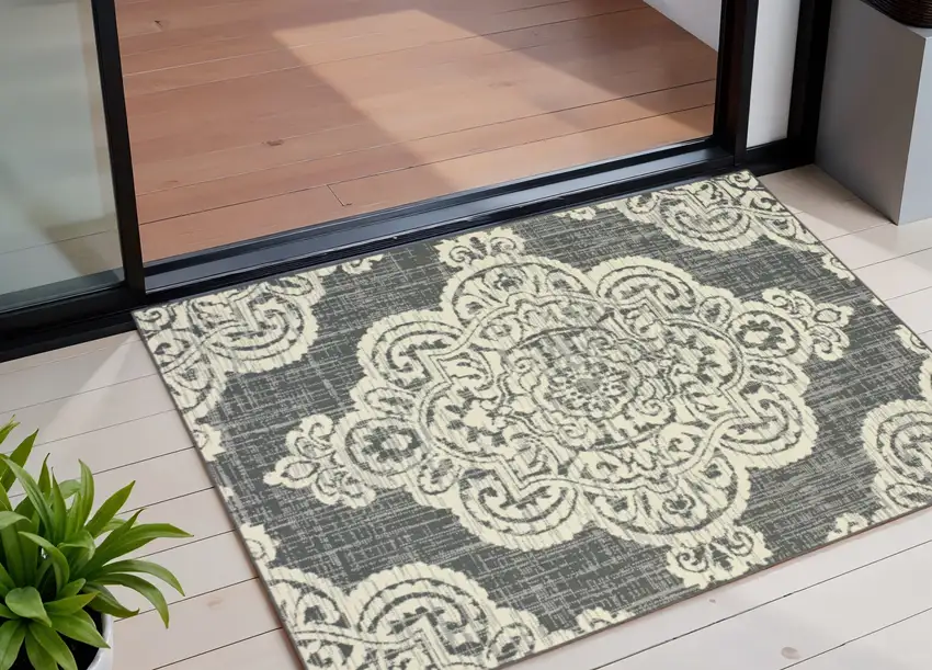 Gray and Ivory Oriental Stain Resistant Indoor Outdoor Area Rug Photo 1