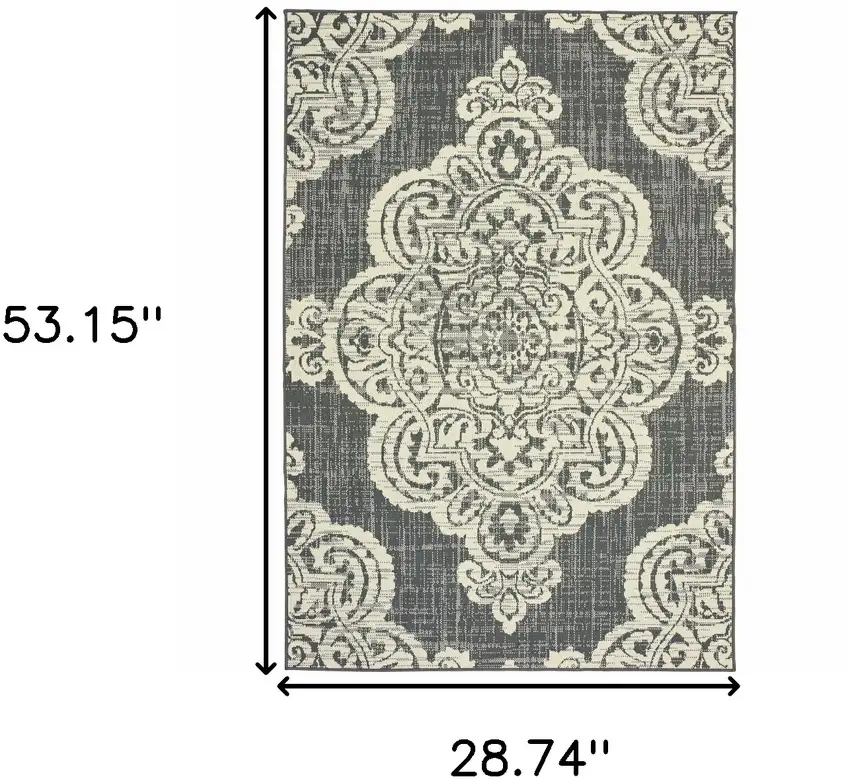 3' X 5' Grey Oriental Stain Resistant Indoor Outdoor Area Rug Photo 6