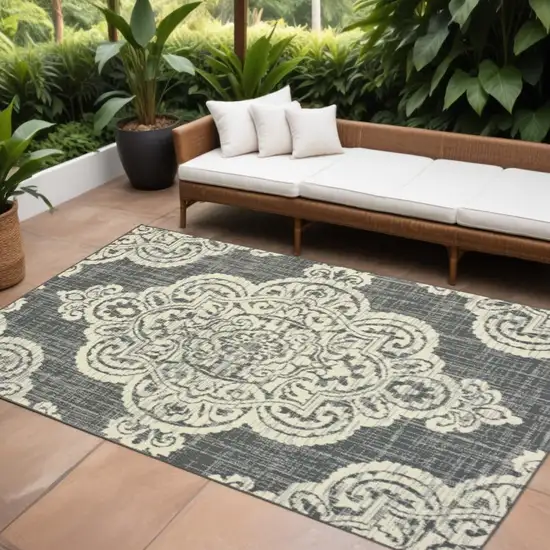 Gray and Ivory Oriental Stain Resistant Indoor Outdoor Area Rug Photo 1
