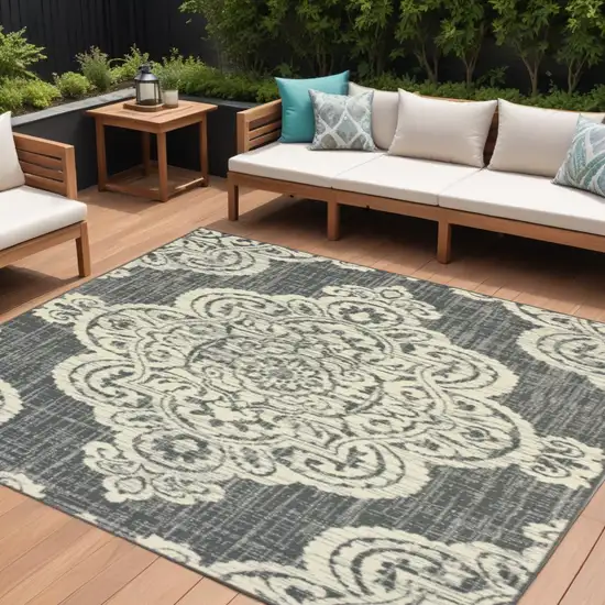 Gray and Ivory Oriental Stain Resistant Indoor Outdoor Area Rug Photo 1