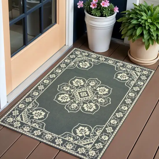 Gray and Ivory Oriental Stain Resistant Indoor Outdoor Area Rug Photo 1
