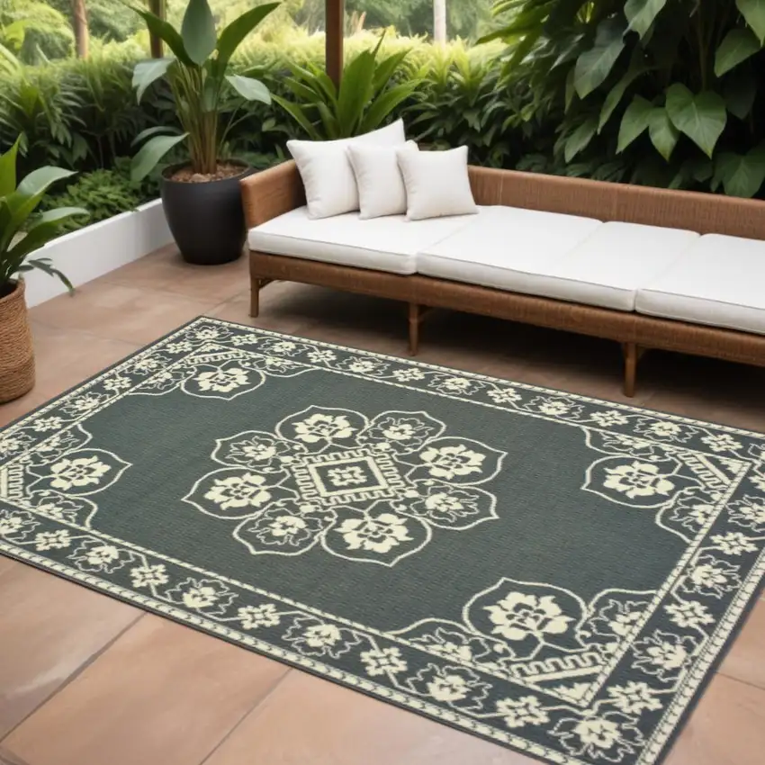 Gray and Ivory Oriental Stain Resistant Indoor Outdoor Area Rug Photo 1