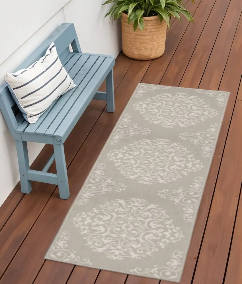Gray and Ivory Oriental Stain Resistant Indoor Outdoor Area Rug Photo 1