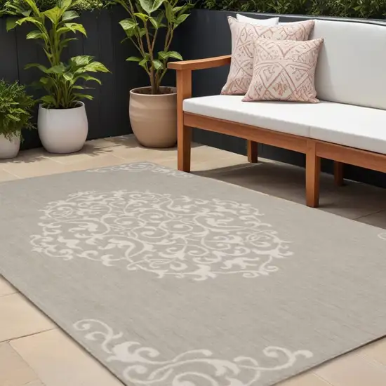 Gray and Ivory Oriental Stain Resistant Indoor Outdoor Area Rug Photo 1