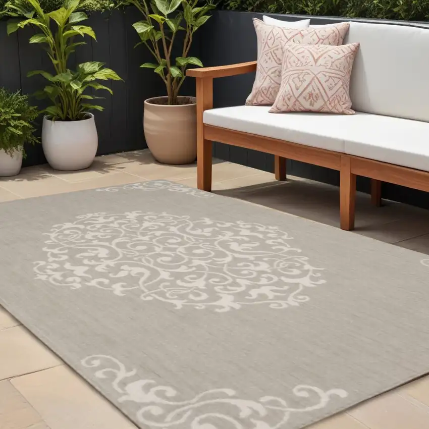 Gray and Ivory Oriental Stain Resistant Indoor Outdoor Area Rug Photo 1