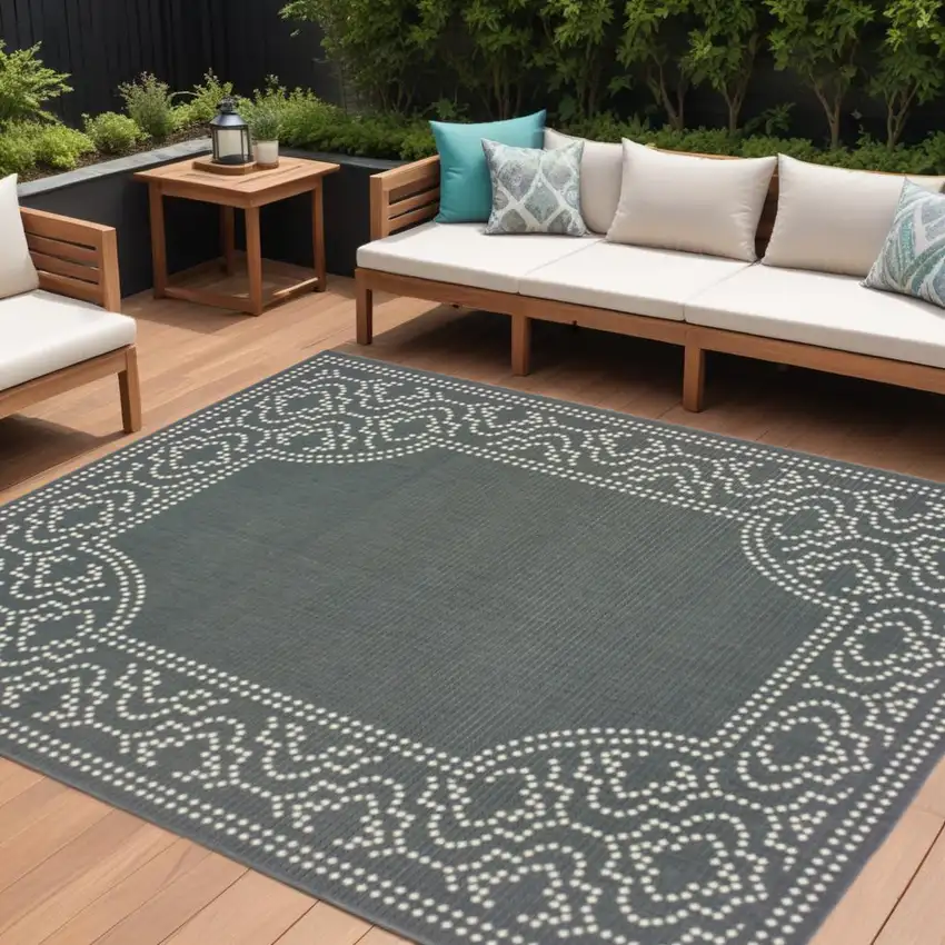 Gray and Ivory Stain Resistant Indoor Outdoor Area Rug Photo 1