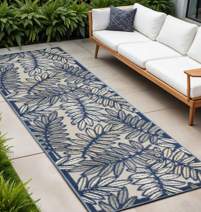 8' Ivory And Blue Indoor Outdoor Runner Rug Photo 2